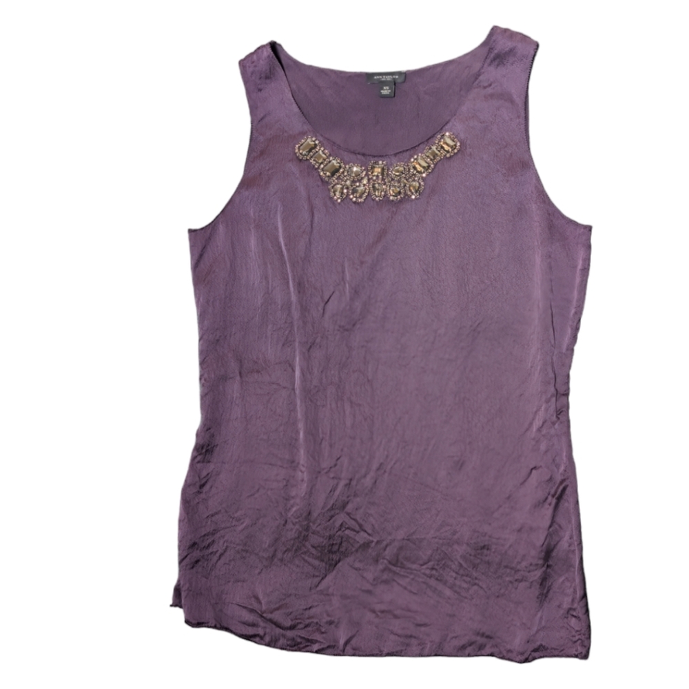 Ann Taylor Purple Royal 100% Silk Sleeveless Top Jewel Embellishments Size XS